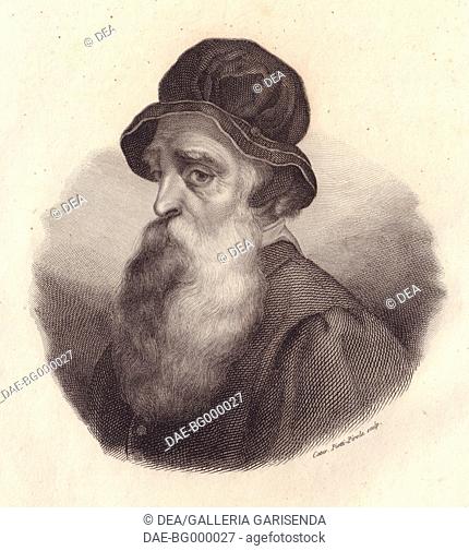 Portrait of the Italian sculptor and goldsmith Benvenuto Cellini (1500-1571), copper engraving by Caterina Piotti-Pirola from a painting by Giorgio Vasari
