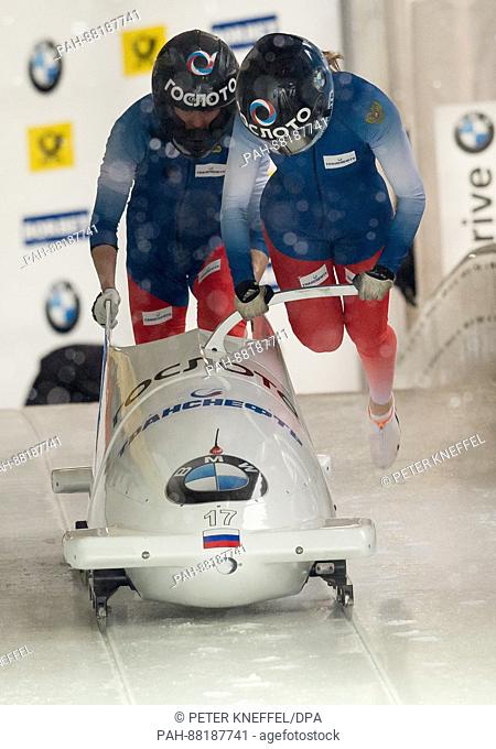 The Russian bobsleigh team with Nadezhda Sergeeva (front) and Anastasia Kohcherzhova in action during the 1st two-women run of the FIBT World Championship 2017...