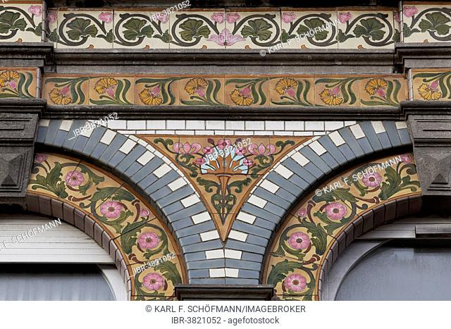 Art Deco facade, tiles with floral scrolls, Villa Olga, Blankenberge, West Flanders, Belgium