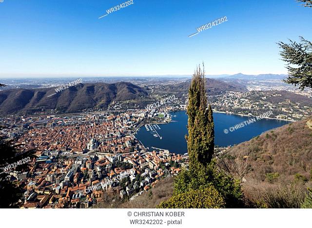 View over town of Como, Lake Como, Lombardy, Italian Lakes, Italy, Europe