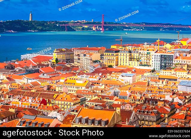 Lisbon, Portugal panoramic view with River Tagus and Ponte de 25th Abril bridge
