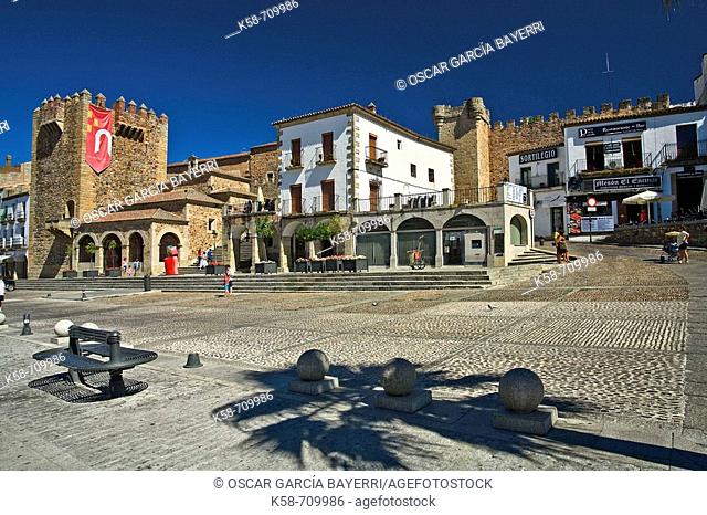 Main Square and Tower of Bujaco, Cáceres. Extremadura, Spain