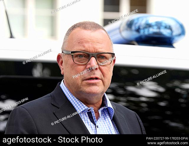 27 July 2022, Brandenburg, Potsdam: Michael Stübgen (CDU), Minister of the Interior and for Local Affairs, speaks during a press event with the Brandenburg...