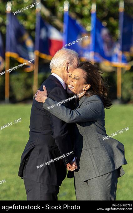 United States President Joe Biden, left, is embraced by United States Vice President Kamala Harris prior to his signing into law his Bipartisan Infrastructure...