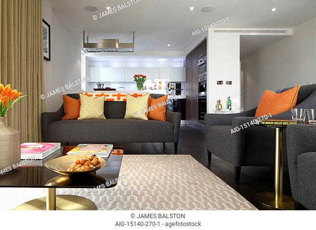Living room in a private residence. Modern interior design. Grey couches with orange cushions