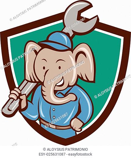 Illustration of an elephant mechanic holding spanner on shoulder viewed from front set inside shield crest on isolated background done in cartoon style