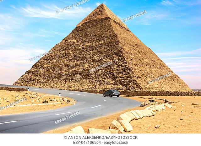 The Pyramid of Chephren and a car road nearby, Giza, Egypt