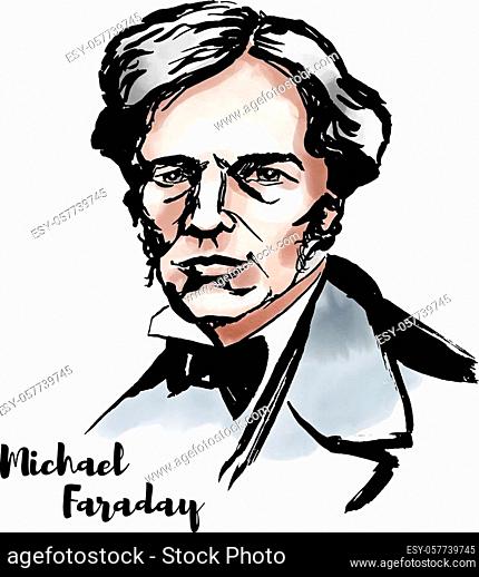 Michael Faraday watercolor vector portrait with ink contours. English scientist who contributed to the study of electromagnetism and electrochemistry