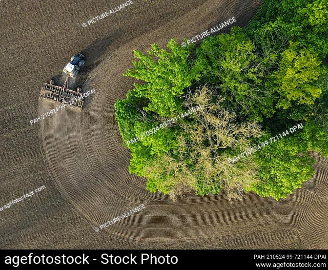 23 May 2021, Brandenburg, Sieversdorf: A farmer drives a harrow over an uncultivated field in the Oder-Spre district (aerial view with a drone)