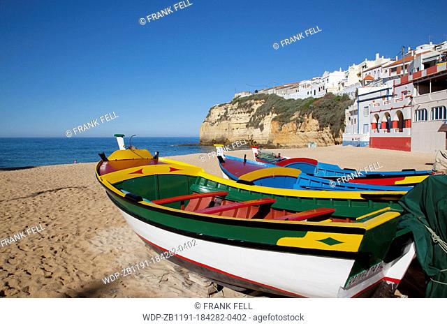 Portugal, Algarve, Carvoeiro, Colourful Boats & Town