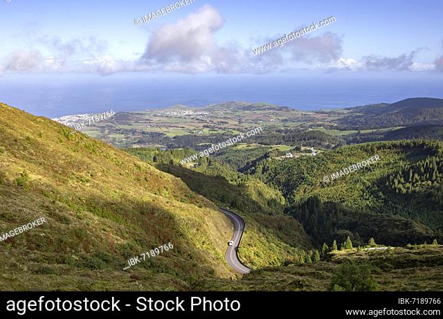 Mountain road to Lagoa do Fogo and the summit of Pico Barrosa, Sao Miguel Island, Azores, Portugal, Europe