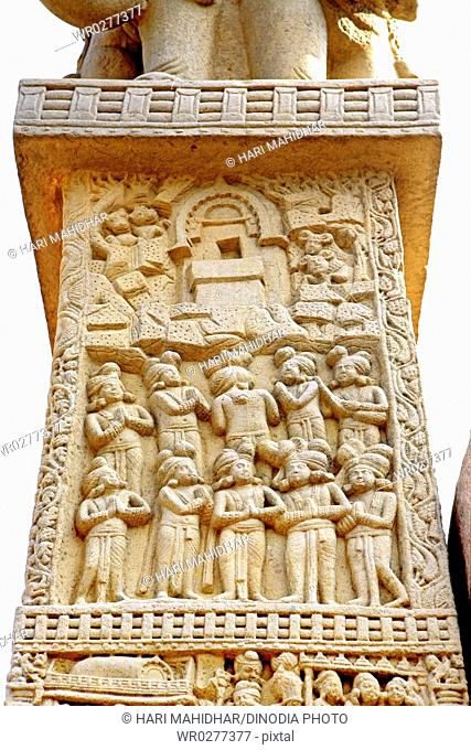 Close-up view of north gateway pillar of stupa 1 showing different story of Buddha , Sanchi near Bhopal , Madhya Pradesh , India