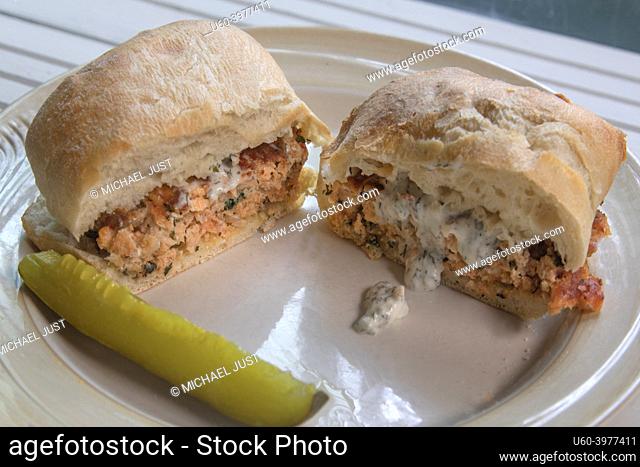 Grilled Salmon Burger on Ciabatta on natural white wood surface