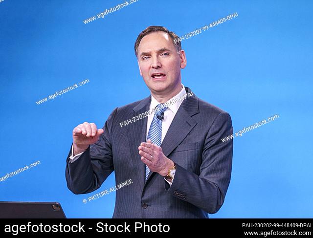 02 February 2023, Hesse, Frankfurt/Main: James von Moltke, Deputy Chairman of the Management Board of Deutsche Bank, speaks at the annual media conference