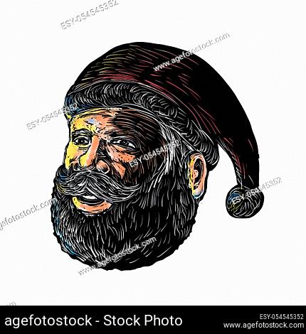 Scratchboard style illustration of head of Santa Claus three-quarter view done on scraperboard on isolated background