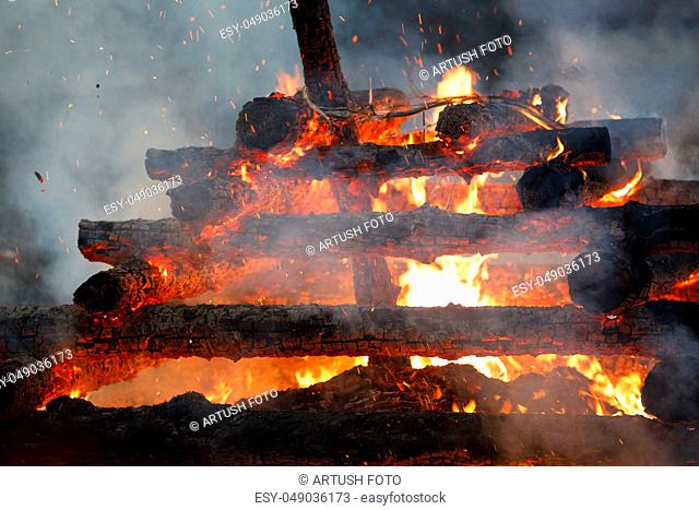 religion christian festival Walpurgis Night with big fire and burning witches, burning woodpile