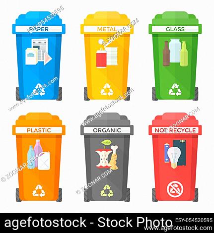 vector colorful flat design separated recycle waste bins icons labels signs white background long shadows