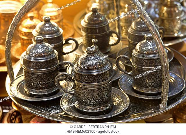 Turkey, Istanbul, historical centre listed as World Heritage by UNESCO, Sultanahmet district, Grand Bazaar, or Kapali Carsi, a tea set