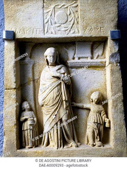 Funerary stele with relief depicting Kallikrite and her daughters, artefact uncovered in Izmir, Turkey. Hellenistic Civilisation, 4th-1st century BC