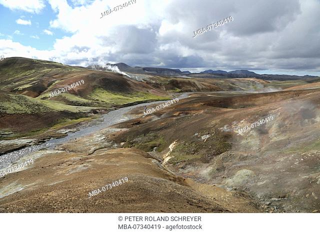 Iceland, rhyolite mountains, river, hot springs, steam clouds, high temperature zone, backlight