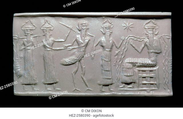Akkadian cylinder-seal impression, showing the water-god Ea on the right