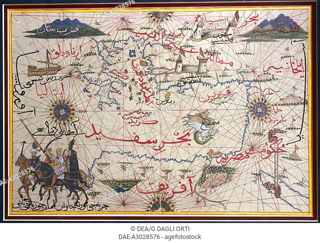 Cartography, late 16th century. The Maghreb and the Middle East. Ottoman miniature.  Istanbul, Istanbul Universitesi Kutuphanesi (University Library)