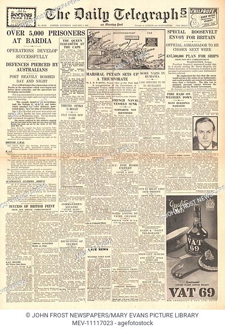 1941 front page Daily Telegraph Australian Forces enter Bardia and Roosevelt appoints Harry Hopkins new Ambassador to Britain