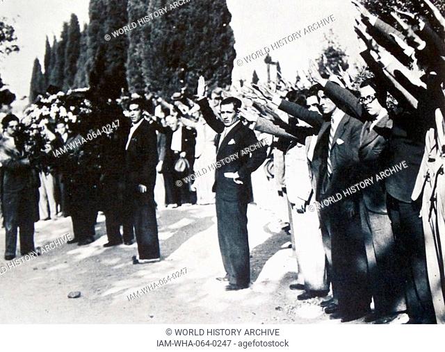 Falange salute is offered to the coffin of the assassinated José Calvo Sotelo, 1st Duke of Calvo Sotelo (1893 – 1936). Spanish politician prior to and during...
