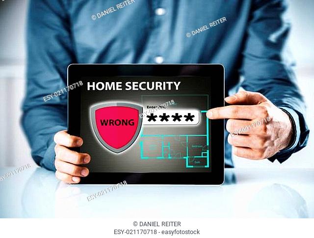 Home security online warning for a wrong code or password to gain access to the control interface for a smart house with a red shield icon containing the word -...