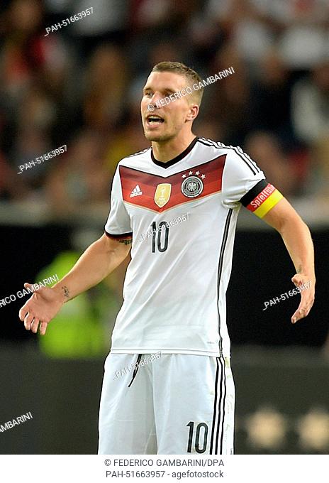 Germany's Lukas Podolski reacts during the international match between Germany and Argentina at Esprit Arena in Duesseldorf, Germany, 03 September 2014