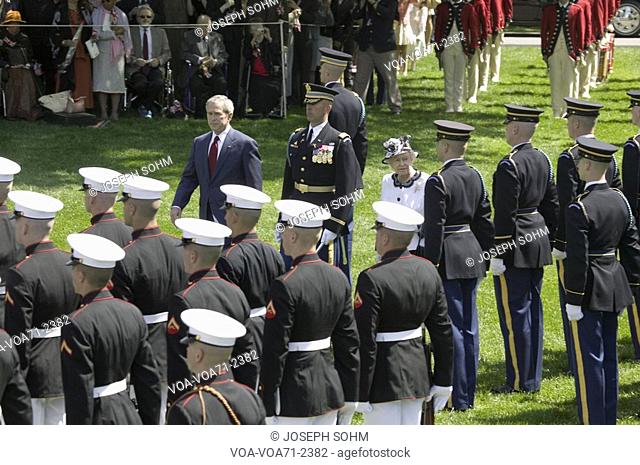 President George W. Bush and Queen Elizabeth II reviewing the troops in front of the South Lawn of the White House for the May 7