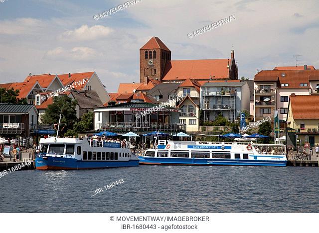 St. George's Church and the port of the climatic health-resort of Waren on Lake Mueritz, Mecklenburg Lake District, Mecklenburg-Western Pomerania, Germany