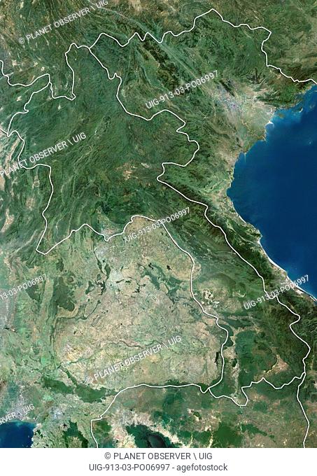 Satellite view of Laos (with country boundaries). This image was compiled from data acquired by Landsat satellites