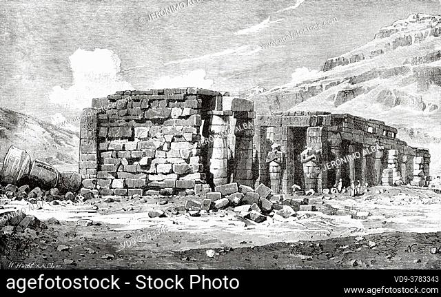 Ramesseum ruins at Thebes, Luxor West bank, Egypt in XIX century. Africa. Old 19th century engraved illustration, El Mundo Ilustrado 1881