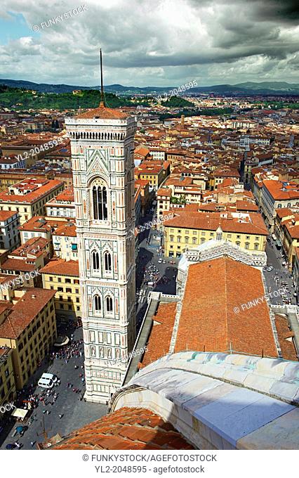 Campinale of the the Gothic-Renaissance Duomo of Florence, Basilica of Saint Mary of the Flower; Firenza ( Basilica di Santa Maria del Fiore ) from the top of...