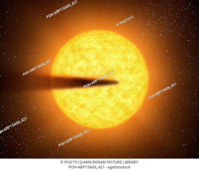 This artist's concept depicts a comet-like tail of a possible disintegrating super Mercury-size planet candidate as it transits, or crosses, its parent star