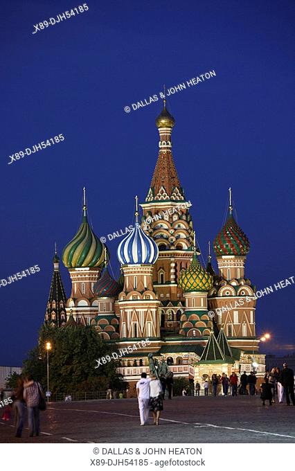 Russia, Moscow, Red Square, St Basils Cathedral, Floodlit