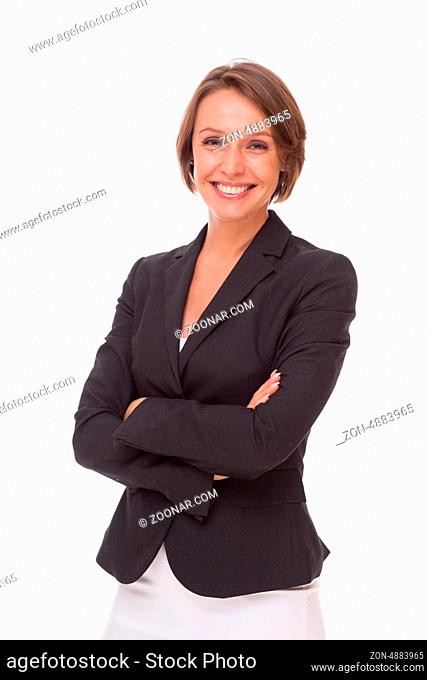 Positive businesswoman posing for camera isolated on white