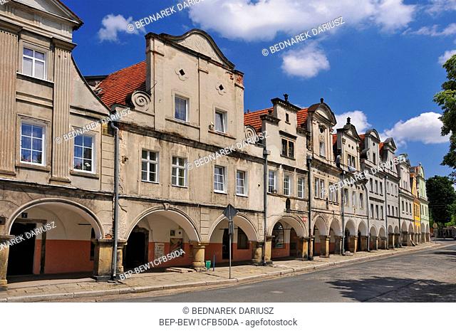 Baroque and classicist tenements at the market square in village Chelmno Slaskie, Lower Silesian voivodeship, Poland