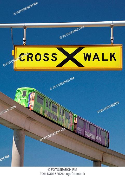 Detroit, MI, Michigan, Motor City, Downtown, skyline, Detroit People Mover, aerial trolley, elevated light-rail system, crosswalk sign