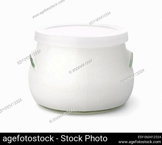 Front view of homemade organic yogurt pot isolated on white
