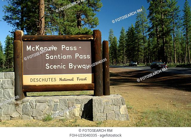 Bend, OR, Oregon, Deschutes National Forest, McKenzie Pass, Santiam Pass, Oregon Scenic Byway, entrance, wooden road sign