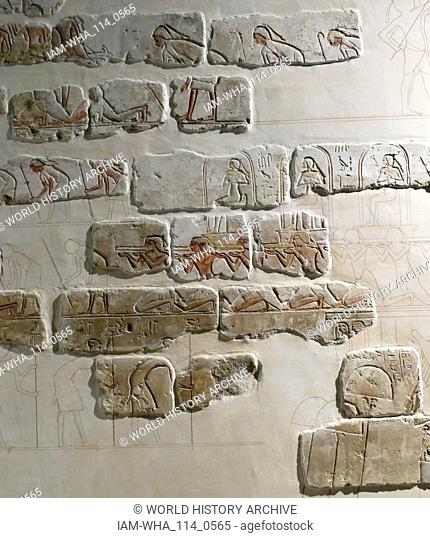 detail of a wall fresco from Karnak showing elements of a royal procession (Sed Festival) held in the Amarna Court, in the reign of Akhenaten