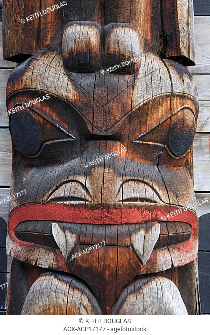 Detail of totem pole at Ksan Historical Village and Museum, Hazelton, British Columbia, Canada