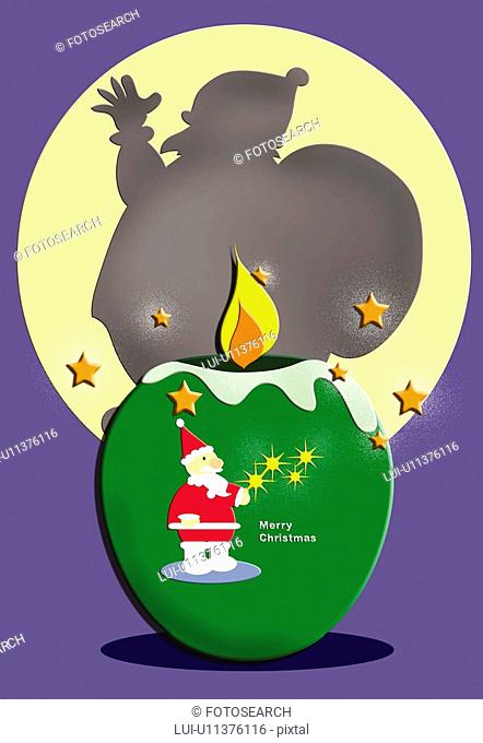 Painting of Santa Claus in silhouette and apple shaped candle , Illustration