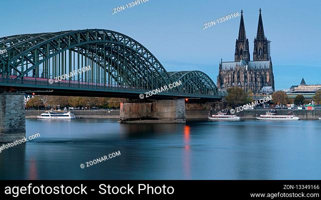 COLOGNE, GERMANY - NOVEMBER 7, 2018: Panorama of the city of Cologne with cathedral, Rhine river and Hohenzollern bridge on November 7, 2018 in Germany, Europe