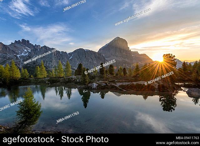 Sunrise at Lago di Limides, view of Tofane and Lagazuoi, Dolomites, Italy