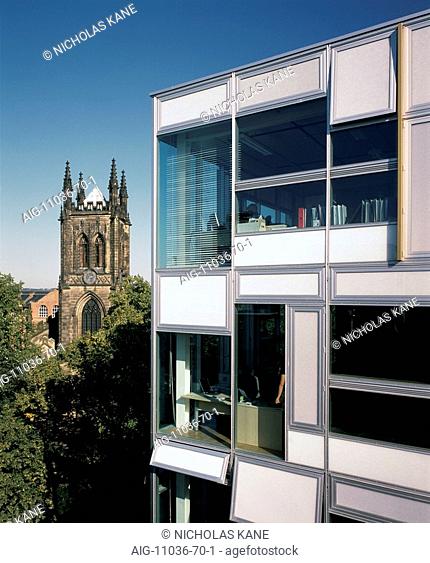 Leicester Creative Business Depot, Leicester, 2004. Detail of interactive facade with old church in background. Architect: Ash Sakula