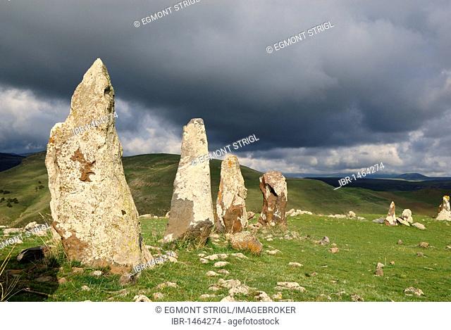 Zorats Karer, 6000 B.C. stoneage observatory, menhir of Karahunj, Cara Hunge, Armenia, Asia