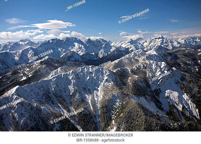 Aerial view, Karawanken mountain range and Julian Alps, Border between Slovenia and Austria, Europe